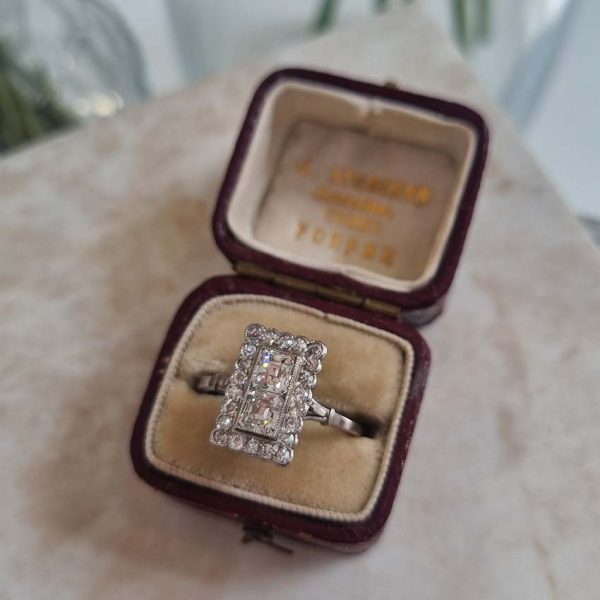 Art Deco 1ct Square Diamond Cluster Plaque Ring, Two vertical square step-cut diamonds surrounded by border of old-cut diamonds in platinum