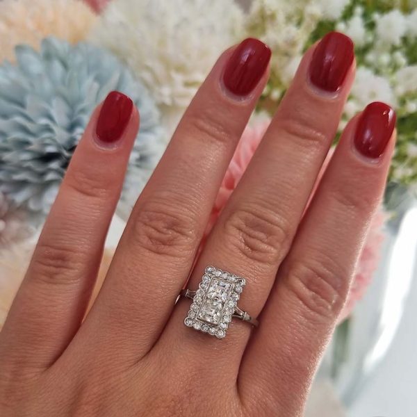 Art Deco 1ct Square Diamond Cluster Plaque Ring, Two vertical square step-cut diamonds surrounded by border of old-cut diamonds in platinum