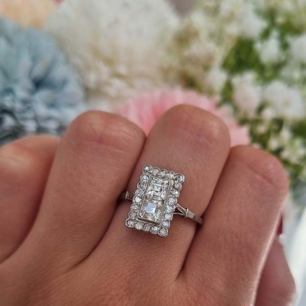 Art Deco 1ct Square Diamond Cluster Plaque Ring, Two vertical square step-cut diamonds surrounded by border of old-cut diamonds in platinum