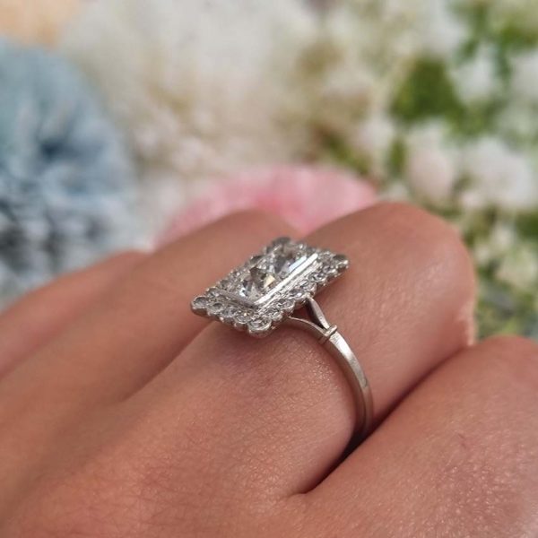 Art Deco 1ct Square Diamond Cluster Plaque Ring, Two vertical square step-cut diamonds surrounded by border of old-cut diamonds in platinum