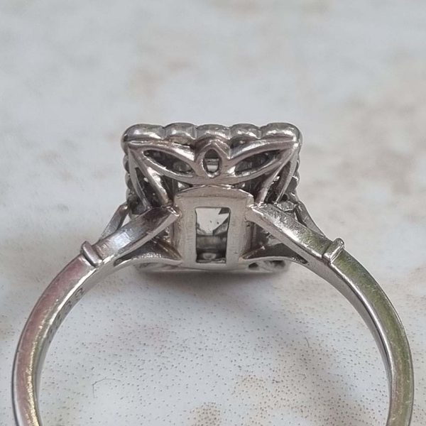 Art Deco 1ct Square Diamond Cluster Plaque Ring, Two vertical square step-cut diamonds surrounded by border of old-cut diamonds in platinum