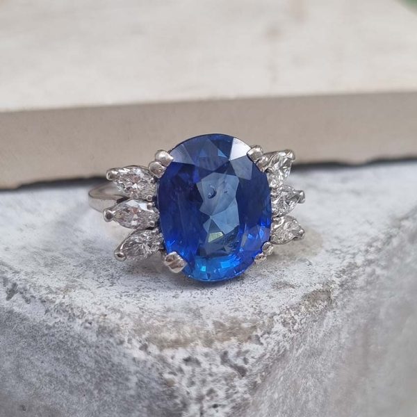 Vintage French Certified 9.13ct Oval Natural No Heat Ceylon Sapphire and Marquise Diamond Engagement Ring in Platinum