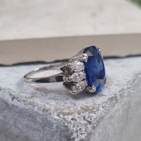 Vintage French Certified 9.13ct Oval Natural No Heat Ceylon Sapphire and Marquise Diamond Engagement Ring in Platinum