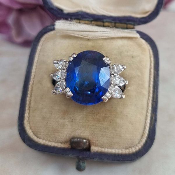 Vintage French Certified 9.13ct Oval Natural No Heat Ceylon Sapphire and Marquise Diamond Engagement Ring in Platinum