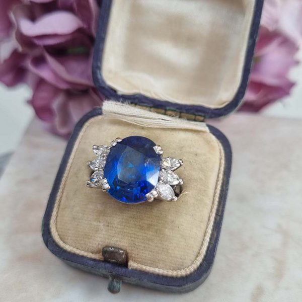 Vintage French Certified 9.13ct Oval Natural No Heat Ceylon Sapphire and Marquise Diamond Engagement Ring in Platinum