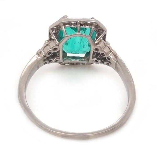 Art Deco 1.54ct Colombian Emerald and Rose Cut Diamond Cluster Engagement Ring in Platinum, verbal from laboratory of Colombian origin with moderate resin