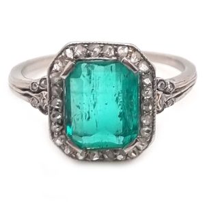 Art Deco Colombian Emerald and Diamond Cluster Engagement Ring