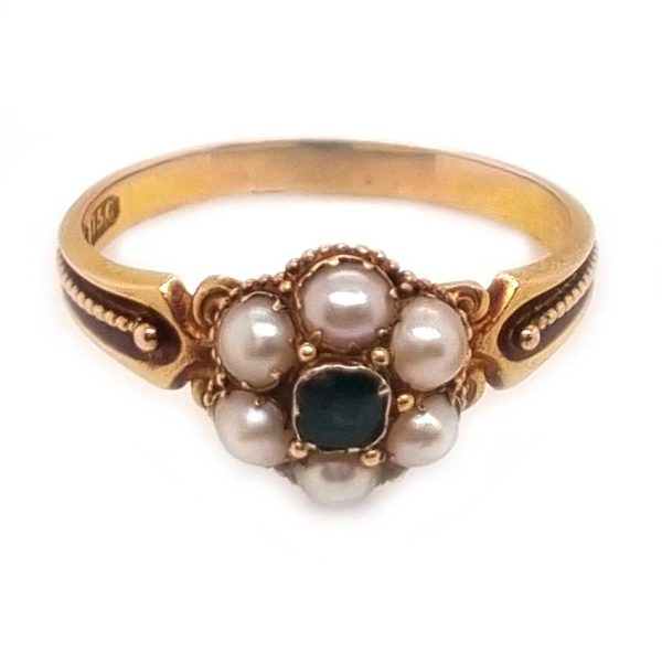 Georgian Antique Emerald and Pearl Cluster Ring, emerald surrounded by pearls in timeless floral cluster design in yellow gold accented with scrolled shoulders and gold granule detailing and locket compartment to reverse