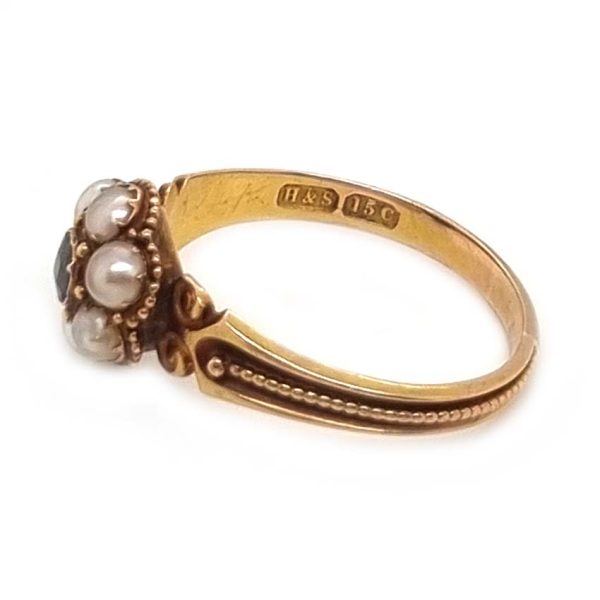 Georgian Antique Emerald and Pearl Cluster Ring, emerald surrounded by pearls in timeless floral cluster design in yellow gold accented with scrolled shoulders and gold granule detailing and locket compartment to reverse