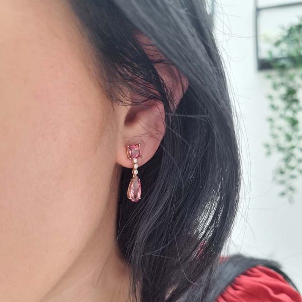 3.54ct Pink Tourmaline and Diamond Drop Earrings, 3.54 carats, square pink tourmaline tops suspend pear-cut pink tourmaline pendant via diamond drops in 18ct rose gold