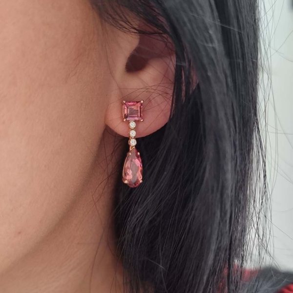 3.54ct Pink Tourmaline and Diamond Drop Earrings, 3.54 carats, square pink tourmaline tops suspend pear-cut pink tourmaline pendant via diamond drops in 18ct rose gold