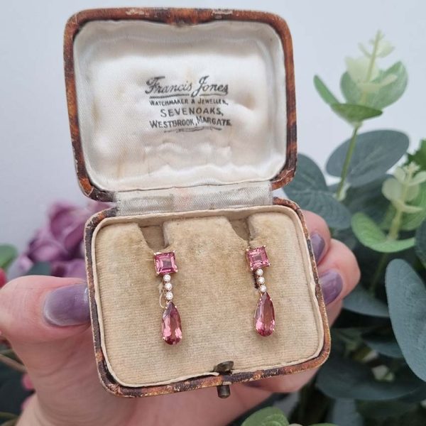 3.54ct Pink Tourmaline and Diamond Drop Earrings, 3.54 carats, square pink tourmaline tops suspend pear-cut pink tourmaline pendant via diamond drops in 18ct rose gold