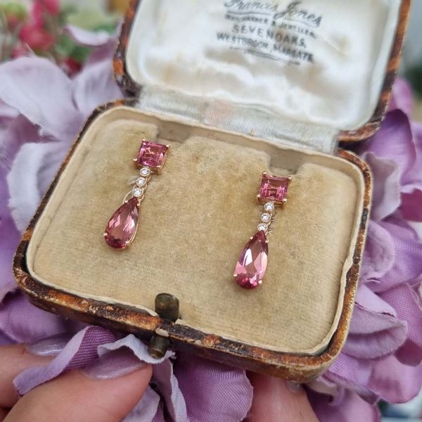 3.54ct Pink Tourmaline and Diamond Drop Earrings, 3.54 carats, square pink tourmaline tops suspend pear-cut pink tourmaline pendant via diamond drops in 18ct rose gold