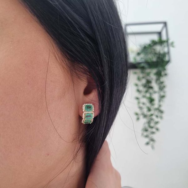 3.50ct Emerald and Diamond Cluster Half Hoop Huggie Earrings in 18ct Yellow Gold, three emerald-cut emeralds set horizontally in a line surrounded by sparkling diamonds