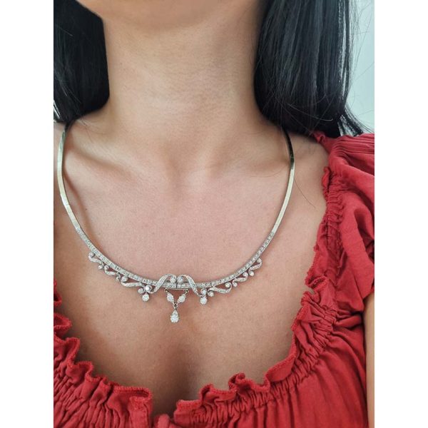 Antique Vintage Art Deco French 3ct Diamond Necklace, articulated 18ct white gold necklace set with single cut diamonds accented with diamond scrolls and pendant drops. With removable central pendant section. Circa 1920s 1930s