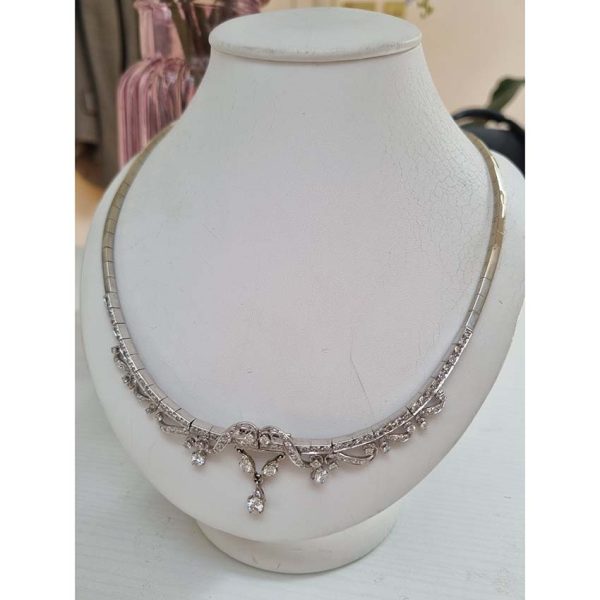 Antique Vintage Art Deco French 3ct Diamond Necklace, articulated 18ct white gold necklace set with single cut diamonds accented with diamond scrolls and pendant drops. With removable central pendant section. Circa 1920s 1930s