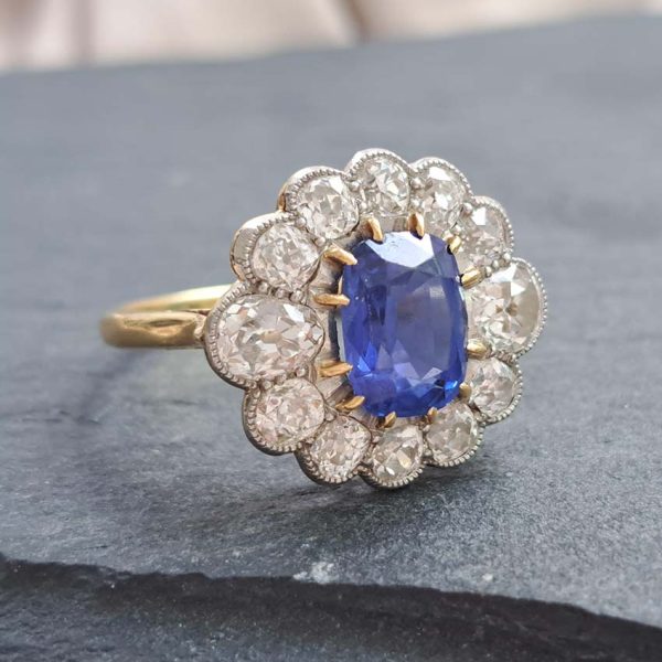 Vintage 2ct Natural No Heat Burma Sapphire and 2ct Diamond Cluster Engagement Ring in 18ct White Gold certified Burma origin no indication of heat treatment