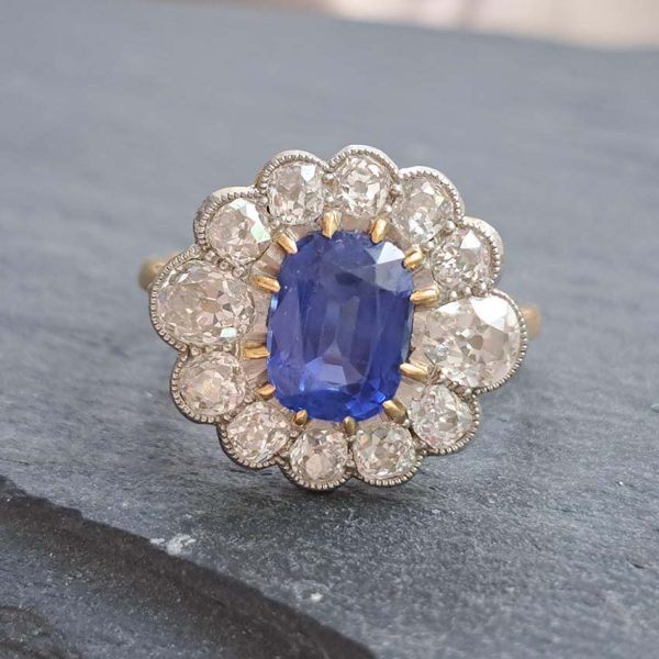 Vintage 2ct Natural No Heat Burma Sapphire and 2ct Diamond Cluster Engagement Ring in 18ct White Gold certified Burma origin no indication of heat treatment