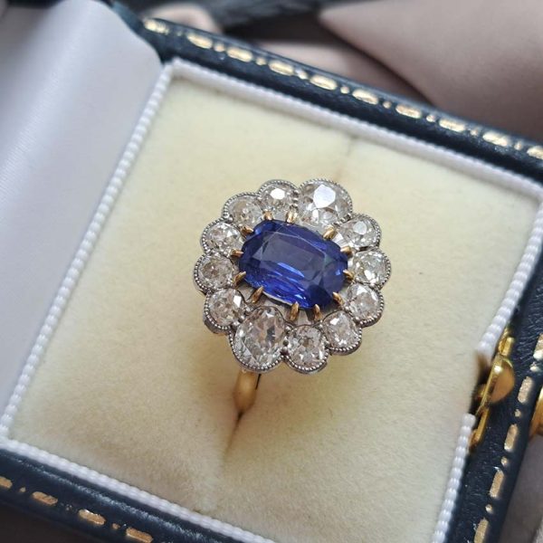 Vintage 2ct Natural No Heat Burma Sapphire and 2ct Diamond Cluster Engagement Ring in 18ct White Gold certified Burma origin no indication of heat treatment