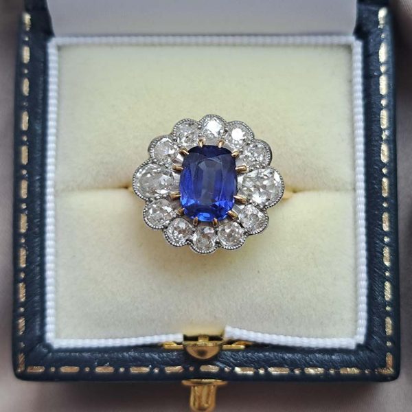 Vintage 2ct Natural No Heat Burma Sapphire and 2ct Diamond Cluster Engagement Ring in 18ct White Gold certified Burma origin no indication of heat treatment