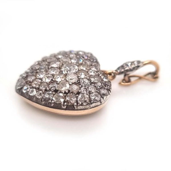 Antique Old Cut Diamond Heart Pendant, stunning heart shaped pendant encrusted with sparkling old-cut diamonds set in silver to yellow gold