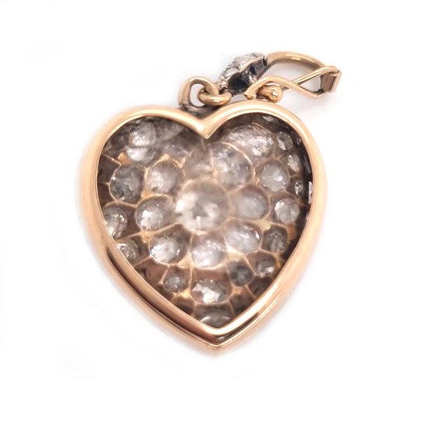 Antique Old Cut Diamond Heart Pendant, stunning heart shaped pendant encrusted with sparkling old-cut diamonds set in silver to yellow gold