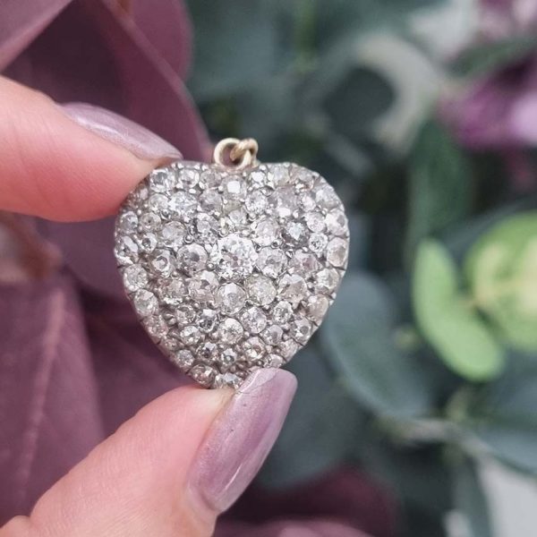 Antique Old Cut Diamond Heart Pendant, stunning heart shaped pendant encrusted with sparkling old-cut diamonds set in silver to yellow gold