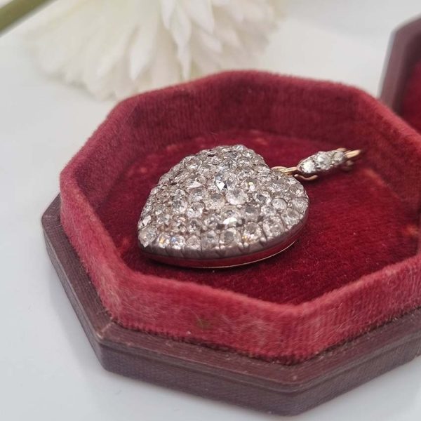 Antique Old Cut Diamond Heart Pendant, stunning heart shaped pendant encrusted with sparkling old-cut diamonds set in silver to yellow gold