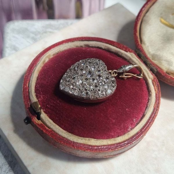 Antique Old Cut Diamond Heart Pendant, stunning heart shaped pendant encrusted with sparkling old-cut diamonds set in silver to yellow gold