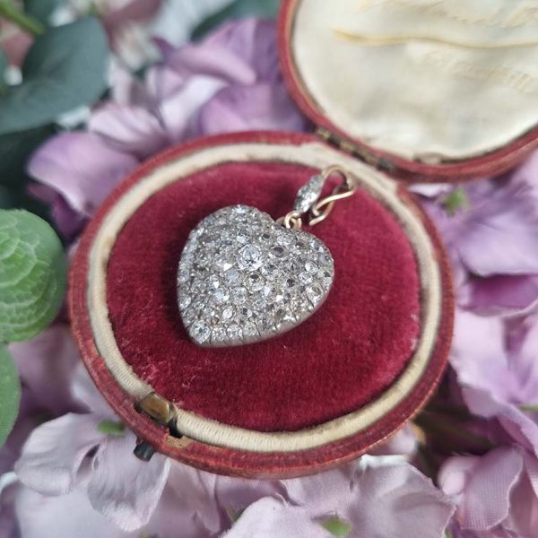 Antique Old Cut Diamond Heart Pendant, stunning heart shaped pendant encrusted with sparkling old-cut diamonds set in silver to yellow gold