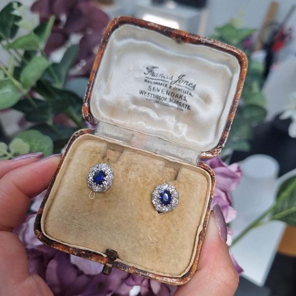 Vintage 1ct Sapphire and 0.60ct Old Cut Diamond Cluster Stud Earrings in 18ct white gold. Circa 1940s