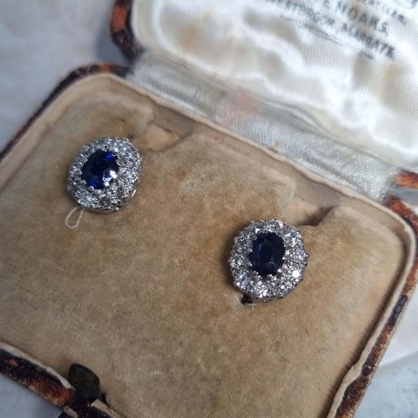 Vintage 1ct Sapphire and 0.60ct Old Cut Diamond Cluster Stud Earrings in 18ct white gold. Circa 1940s
