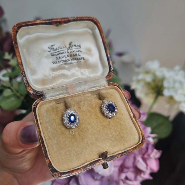 Vintage 1ct Sapphire and 0.60ct Old Cut Diamond Cluster Stud Earrings in 18ct white gold. Circa 1940s