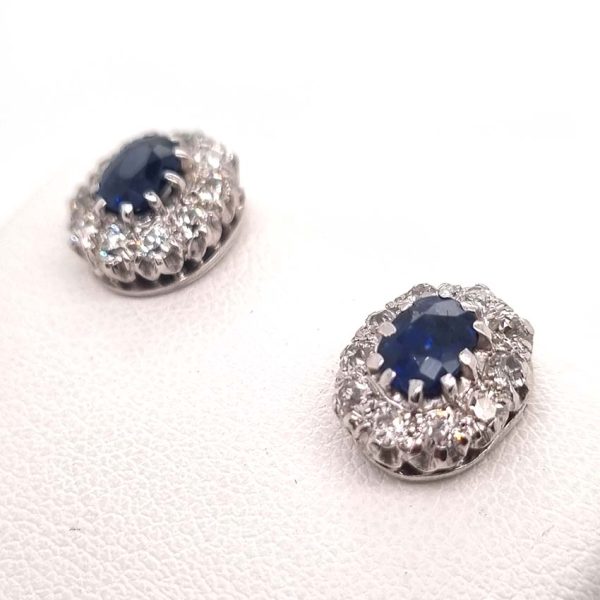Vintage 1ct Sapphire and 0.60ct Old Cut Diamond Cluster Stud Earrings in 18ct white gold. Circa 1940s