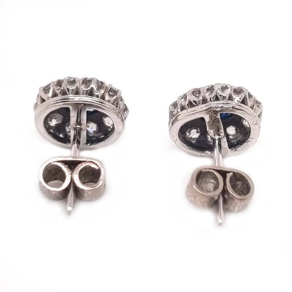 Vintage 1ct Sapphire and 0.60ct Old Cut Diamond Cluster Stud Earrings in 18ct white gold. Circa 1940s