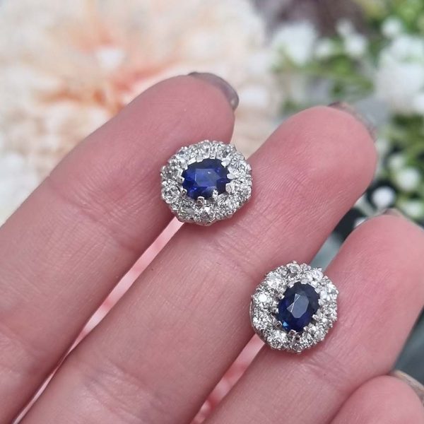 Vintage 1ct Sapphire and 0.60ct Old Cut Diamond Cluster Stud Earrings in 18ct white gold. Circa 1940s