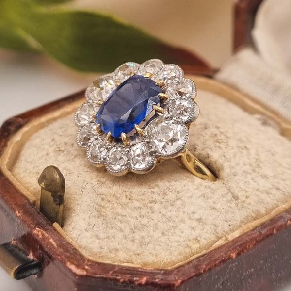 Art Deco Royal Blue Burma Sapphire and Diamond Cluster Ring, No Heat