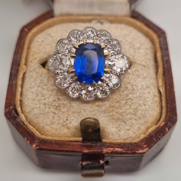 Art Deco Royal Blue Burma Sapphire and Diamond Cluster Ring, No Heat