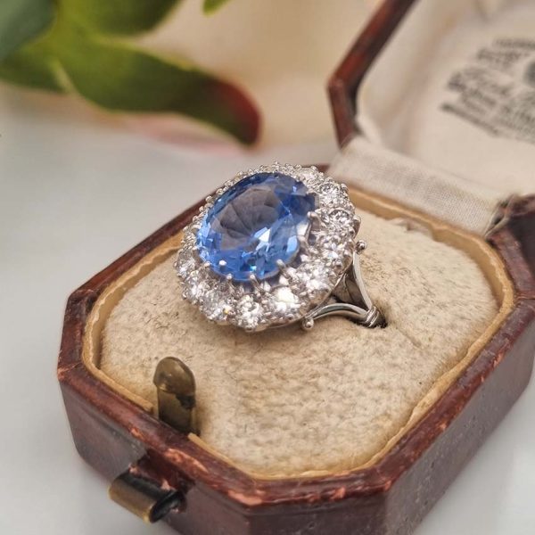Vintage Natural Cornflower Ceylon Sapphire and Diamond Cluster Ring, large oval Ceylon sapphire in mesmerising cornflower blue colour surrounded by sparkling diamonds