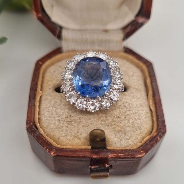 Vintage Natural Cornflower Ceylon Sapphire and Diamond Cluster Ring, large oval Ceylon sapphire in mesmerising cornflower blue colour surrounded by sparkling diamonds