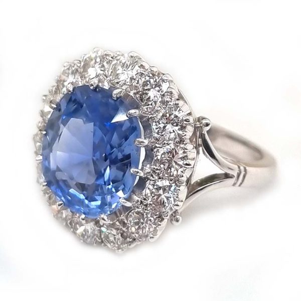Vintage Natural Cornflower Ceylon Sapphire and Diamond Cluster Ring, large oval Ceylon sapphire in mesmerising cornflower blue colour surrounded by sparkling diamonds