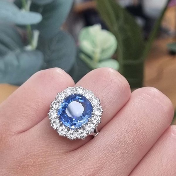 Vintage Natural Cornflower Ceylon Sapphire and Diamond Cluster Ring, large oval Ceylon sapphire in mesmerising cornflower blue colour surrounded by sparkling diamonds
