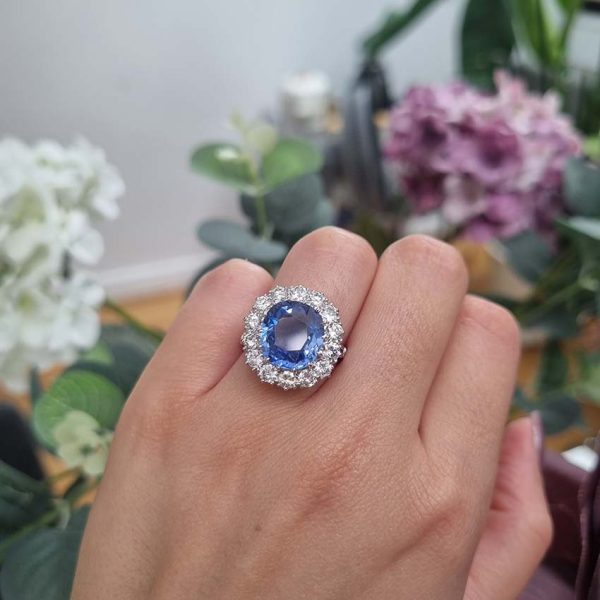 Vintage Natural Cornflower Ceylon Sapphire and Diamond Cluster Ring, large oval Ceylon sapphire in mesmerising cornflower blue colour surrounded by sparkling diamonds