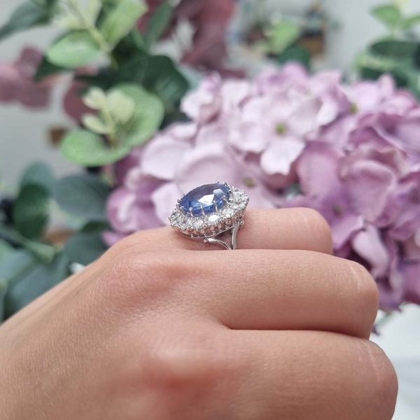 Vintage Natural Cornflower Ceylon Sapphire and Diamond Cluster Ring, large oval Ceylon sapphire in mesmerising cornflower blue colour surrounded by sparkling diamonds