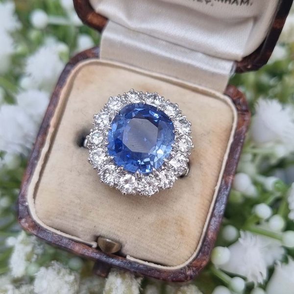Vintage Natural Cornflower Ceylon Sapphire and Diamond Cluster Ring, large oval Ceylon sapphire in mesmerising cornflower blue colour surrounded by sparkling diamonds