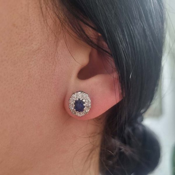Vintage 1ct Sapphire and 0.60ct Old Cut Diamond Cluster Stud Earrings in 18ct white gold. Circa 1940s