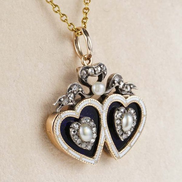 Georgian Antique Double Heart Pearl Enamel Diamond Pendant, natural pearls rose-cut diamonds black and white enamel diamond bow with button pearl accent in silver to 18ct yellow gold