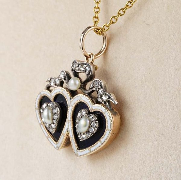 Georgian Antique Double Heart Pearl Enamel Diamond Pendant, natural pearls rose-cut diamonds black and white enamel diamond bow with button pearl accent in silver to 18ct yellow gold