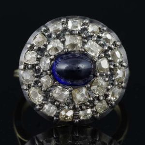 Antique Georgian 2ct Cabochon Sapphire and Diamond Cluster Ring