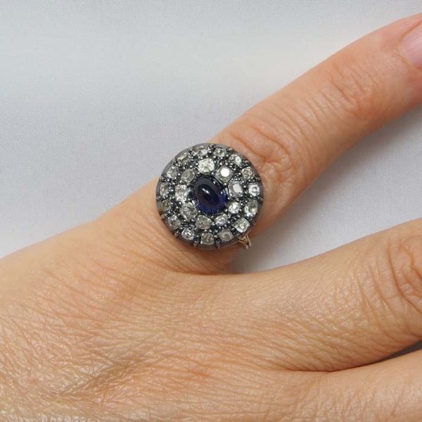 Antique Georgian 2ct Sugarloaf Cabochon Sapphire and 2.40ct Old Cut Diamond Double Cluster Ring. Late 18th century Circa 1790